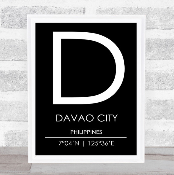 Davao City Philippines Coordinates Black & White Travel Print