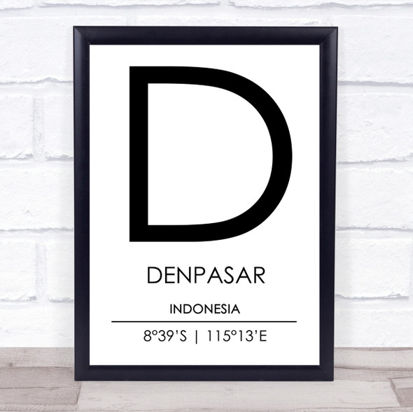 Denpasar Indonesia Coordinates Travel Print