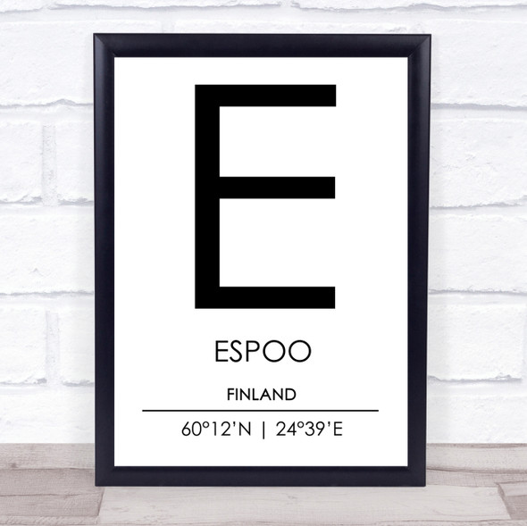 Espoo Finland Coordinates World City Travel Print