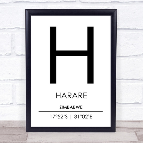 Harare Zimbabwe Coordinates World City Travel Print