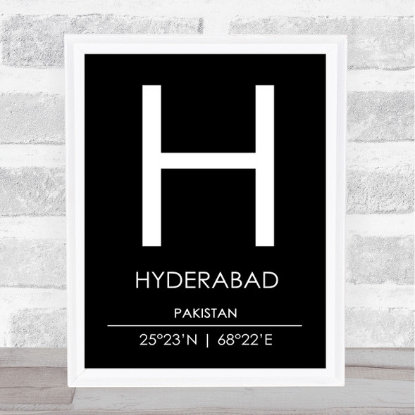 Hyderabad Pakistan Coordinates Black & White Travel Print