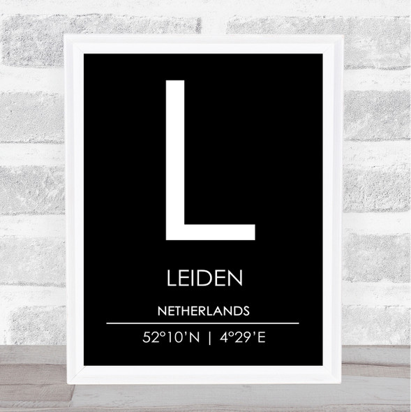 Leiden Netherlands Coordinates Black & White Travel Print