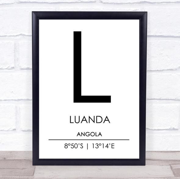 Luanda Angola Coordinates World City Travel Print