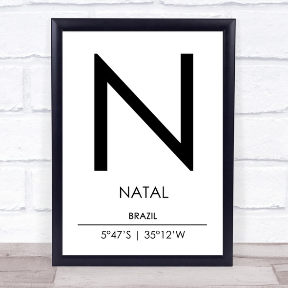 Natal Brazil Coordinates World City Travel Print