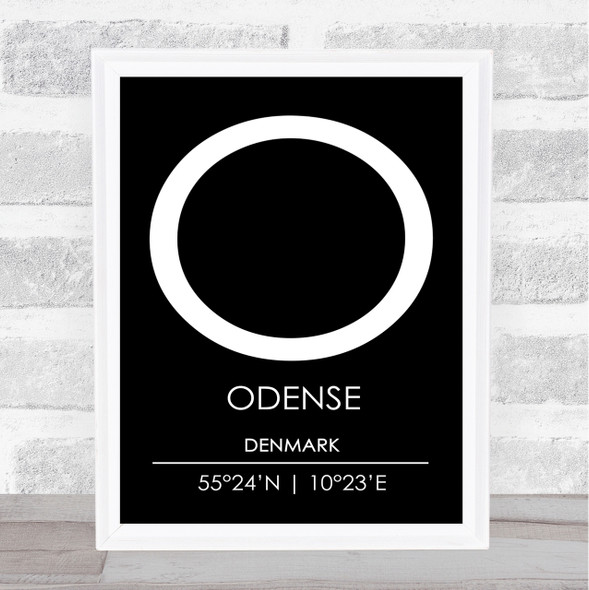 Odense Denmark Coordinates Black & White World City Travel Print