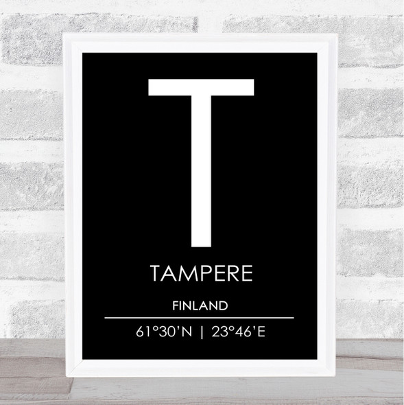 Tampere Finland Coordinates Black & White World City Travel Print