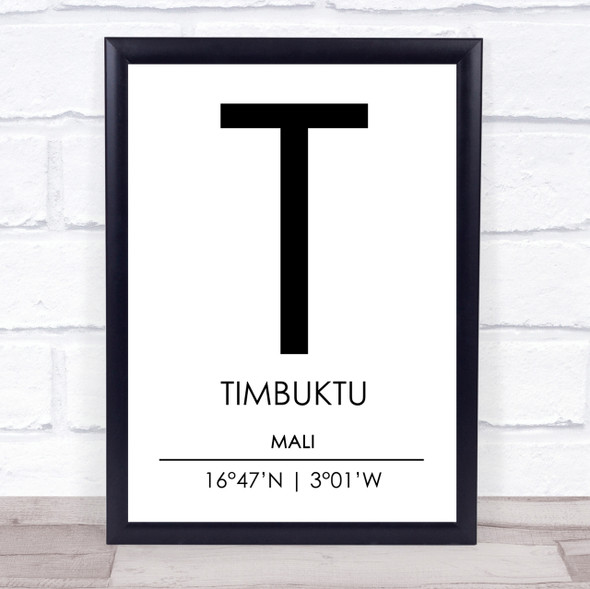 Timbuktu Mali Coordinates World City Travel Print