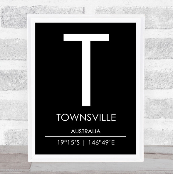 Townsville Australia Coordinates Black & White Travel Print