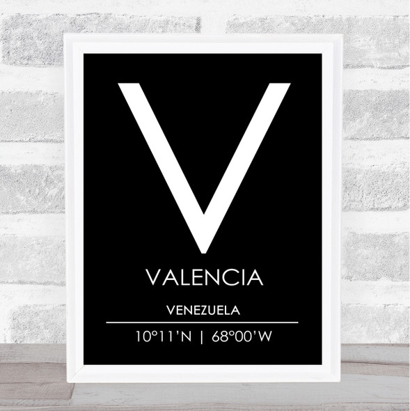 Valencia Venezuela Coordinates Black & White Travel Print