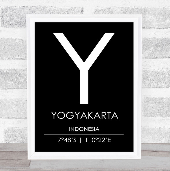 Yogyakarta Indonesia Coordinates Black & White Travel Print