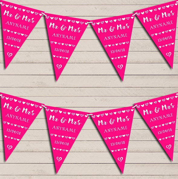 Mr & Mrs Hearts Hot Fuchsia Bright Pink Wedding Day Married Bunting Party Banner