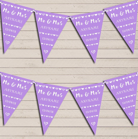 Mr & Mrs Hearts Lilac Purple Wedding Day Married Bunting Garland Party Banner
