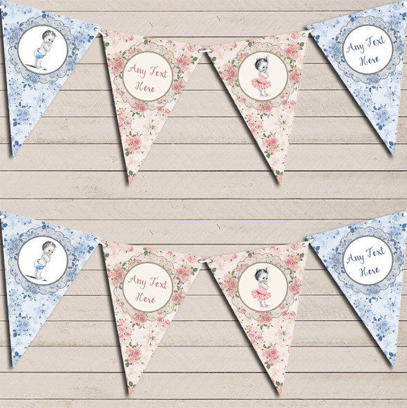 Girl Boy Twins Floral Shabby Chic Vintage Baby Personalised Christening Bunting