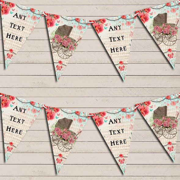 Vintage Shabby Chic Floral Rustic Baby Pram Personalised Christening Bunting
