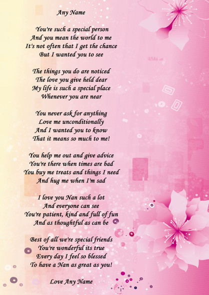 Pink Floral Nan Personalised Poem Certificate - The Card Zoo