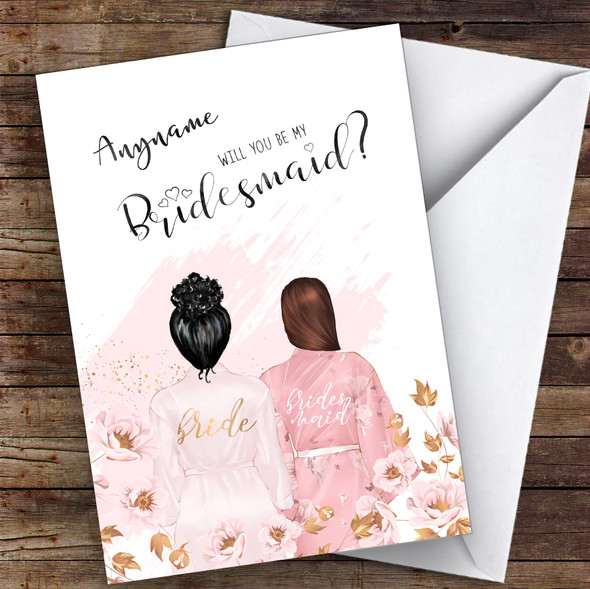 Black Curly Hair Up Brown Swept Hair Will You Be My Bridesmaid Personalised Wedding Card