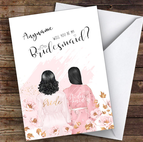 Black Curly Hair & Black Swept Hair Will You Be My Bridesmaid Personalised Wedding Card
