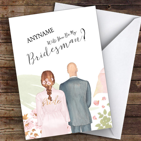 Brown Plaited Hair Bald White Will You Be My Bridesman Personalised Wedding Card