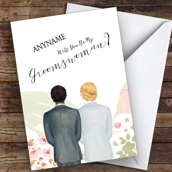 Curly Black Hair Blond Hair Up Will You Be My Groomswoman Personalised Wedding Card