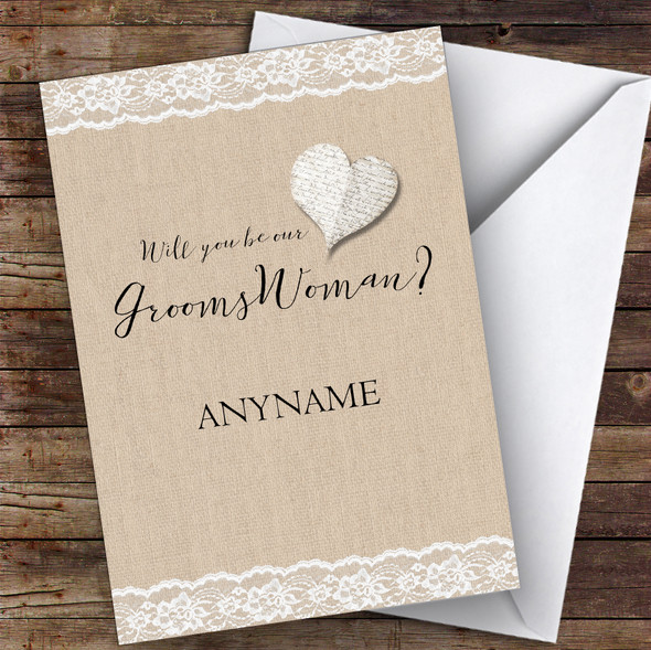 Vintage Heart Burlap Will You Be My Groomswoman Personalised Wedding Card