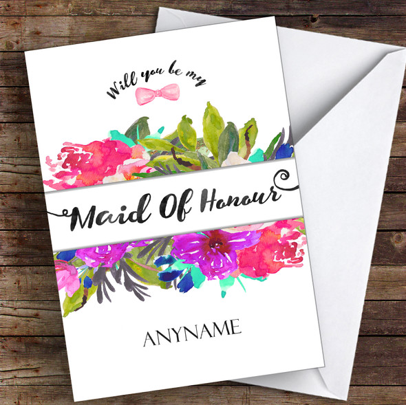 Watercolour Floral Will You Be My Maid Of Honour Personalised Wedding Card