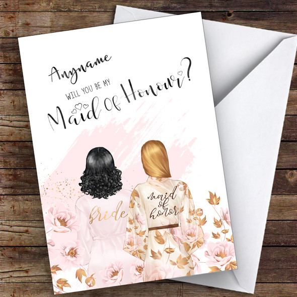 Black Curly Hair Blond Swept Hair Will You Be My Maid Of Honour Custom Wedding Card