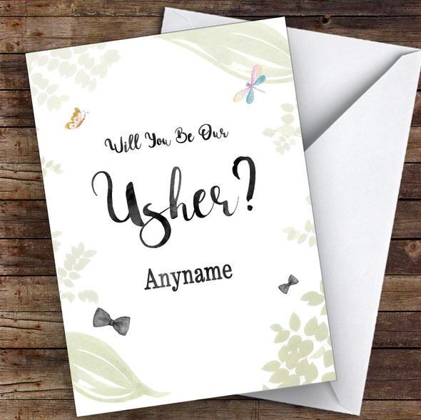 Leaves Watercolour Will You Be My Usher Personalised Wedding Card