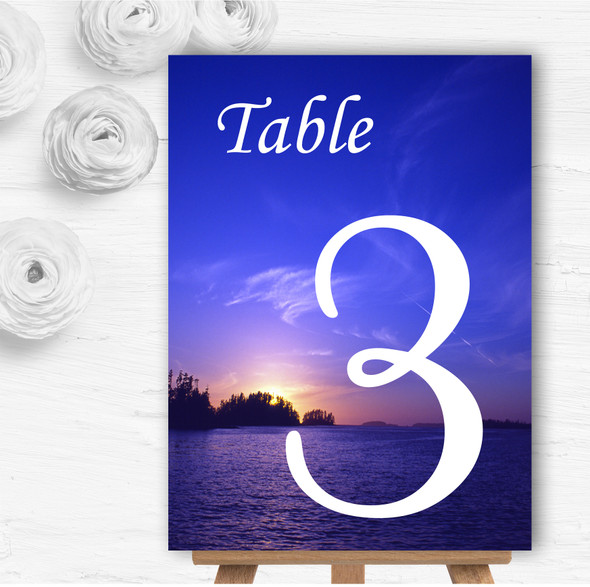 Beautiful Blue Purple Sunset Beach Personalised Wedding Table Number Name Cards
