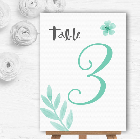 Watercolour Subtle Teal Mint Green Personalised Wedding Table Number Name Cards