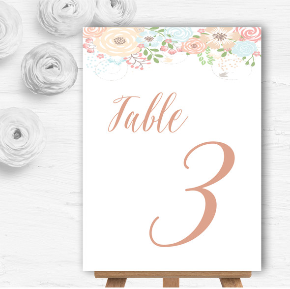 Coral Peach & Blue Watercolour Floral Header Wedding Table Number Name Cards