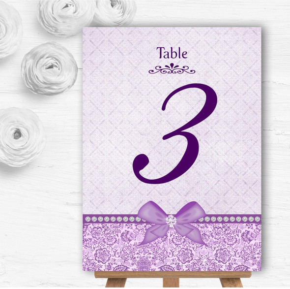 Pretty Floral Vintage Bow & Diamante Lilac Wedding Table Number Name Cards