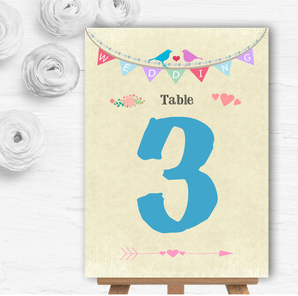 Vintage Shabby Chic Love Birds And Bunting Wedding Table Number Name Cards