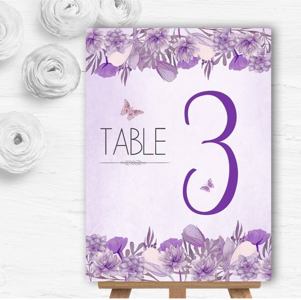 Cadbury Purple & Lilac Watercolour Floral Wedding Table Number Name Cards