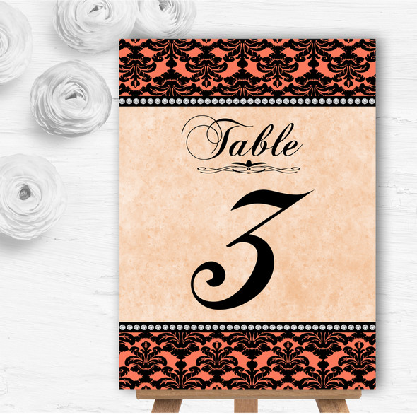 Coral Black Damask & Diamond Personalised Wedding Table Number Name Cards