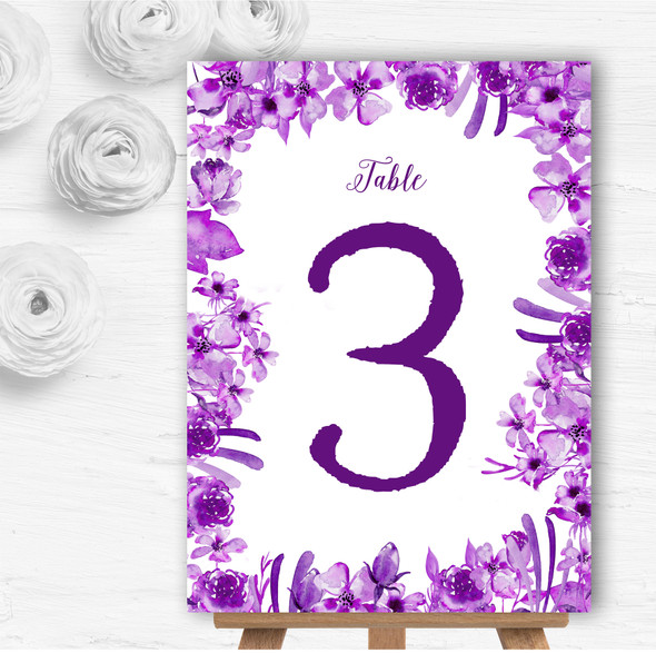 Watercolour Indigo Cadbury Purple Floral Wedding Table Number Name Cards