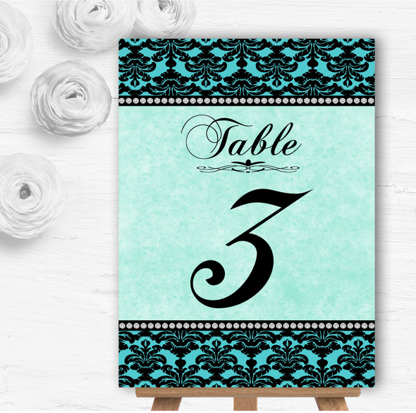 Turquoise Damask & Diamond Personalised Wedding Table Number Name Cards