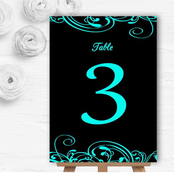 Black & Aqua Swirl Deco Personalised Wedding Table Number Name Cards