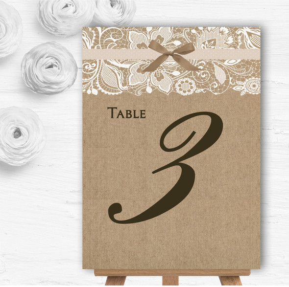 Vintage Burlap & Lace Personalised Wedding Table Number Name Cards