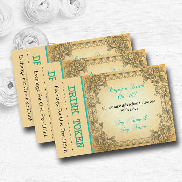 Typography Vintage Turquoise Postcard Personalised Wedding Bar Free Drink Tokens