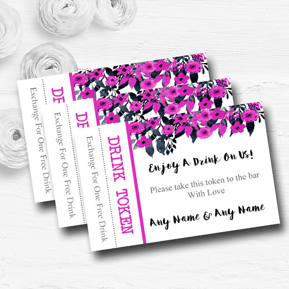 Watercolour Black & Hot Pink Floral Header Custom Wedding Bar Free Drink Tokens