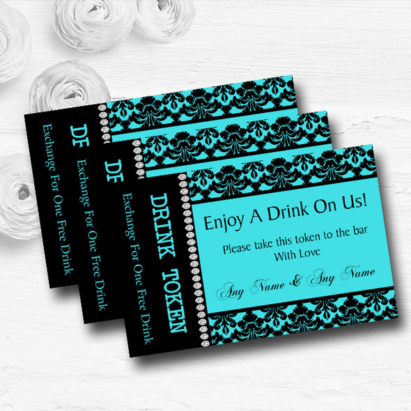 Aqua Sky Blue Black Damask & Diamond Personalised Wedding Bar Free Drink Tokens