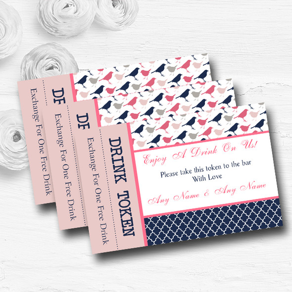 Navy Blue & Coral Pink Shabby Chic Birds Custom Wedding Bar Free Drink Tokens