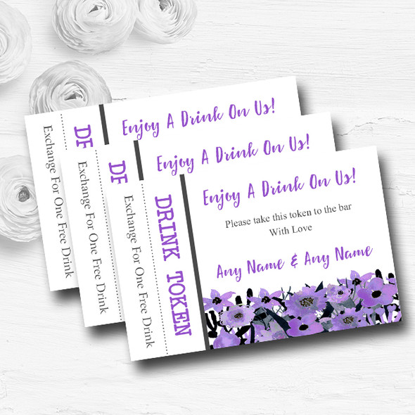 Black & Purple Watercolour Flowers Personalised Wedding Bar Free Drink Tokens