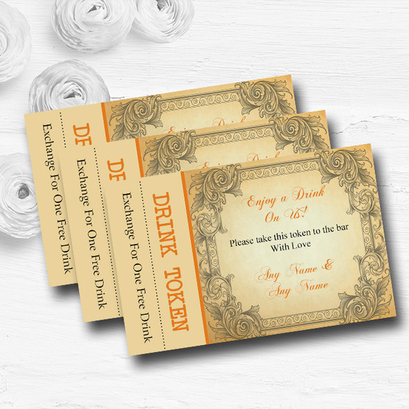 Typography Vintage Orange Postcard Personalised Wedding Bar Free Drink Tokens