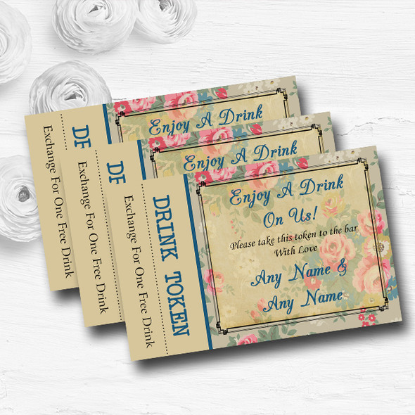 Blue Floral Vintage Paris Shabby Chic Postcard Wedding Bar Free Drink Tokens