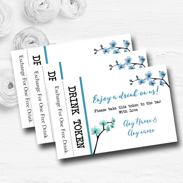 Blue & Green Cherry Blossom Watercolour Custom Wedding Bar Free Drink Tokens