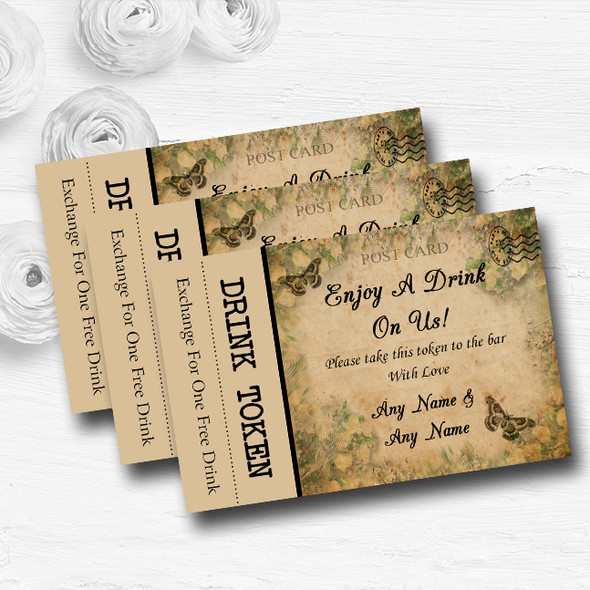 White Rose Vintage Shabby Chic Postcard Custom Wedding Bar Free Drink Tokens