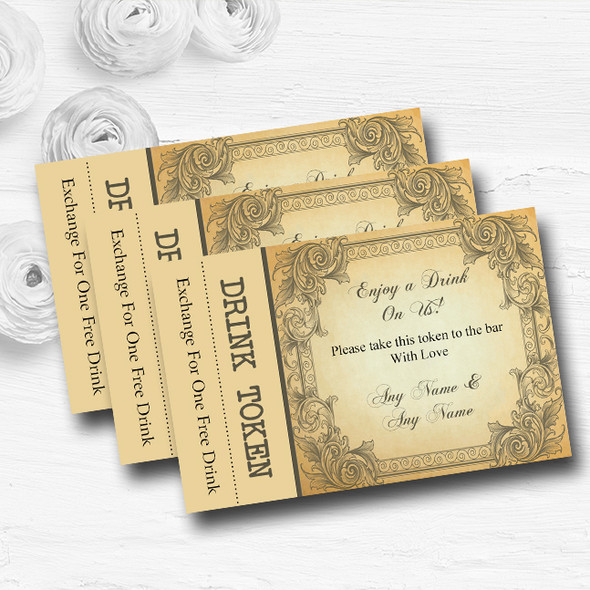 Typography Vintage Brown Postcard Personalised Wedding Bar Free Drink Tokens