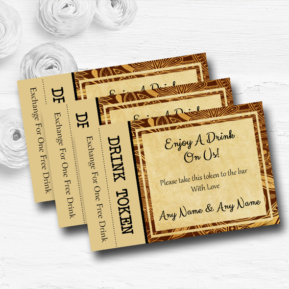 Vintage Brown Gold Postcard Style Personalised Wedding Bar Free Drink Tokens