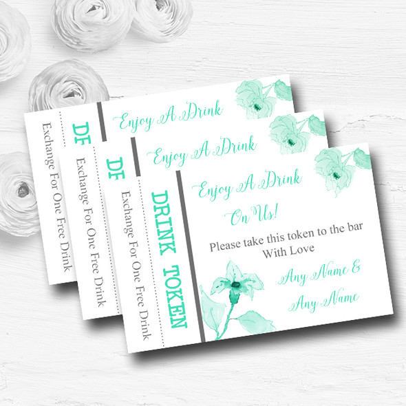 Beautiful Aqua Mint Green Watercolour Flowers Wedding Bar Free Drink Tokens